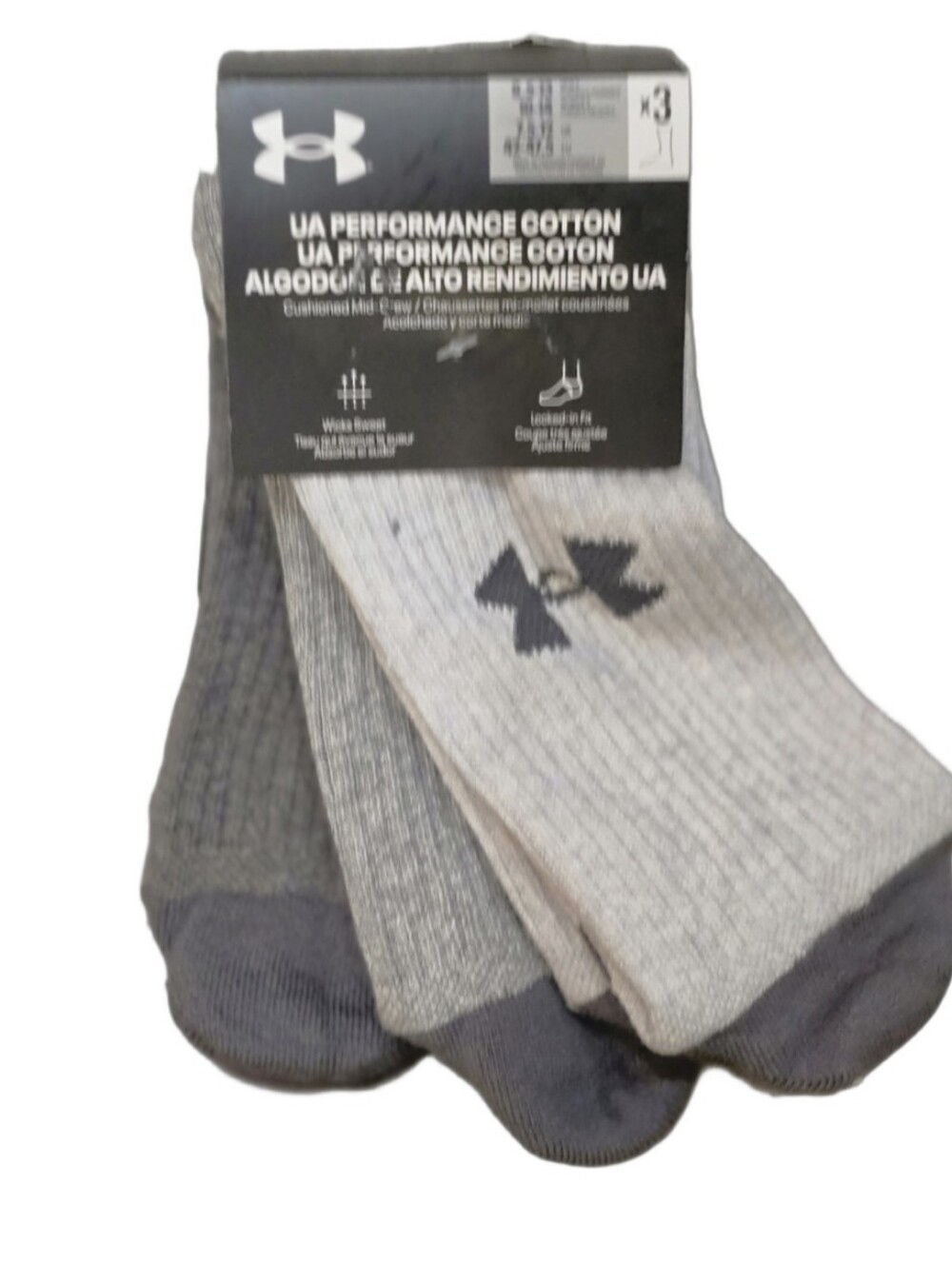 Under Armour 3-PK Performance Cotton Logo Crew Socks- Grey